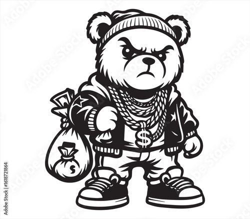 Gangsta Teddy Bear with Money Bag – Hip Hop Cartoon Character Illustration

