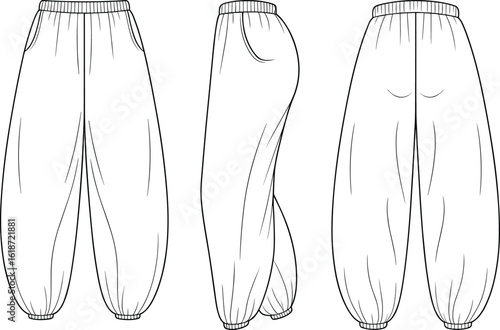 Elastic cuff pants illustration, multi-view garment sketch, front pockets, side curve detail, back seam design, fashion clothing concept drawing