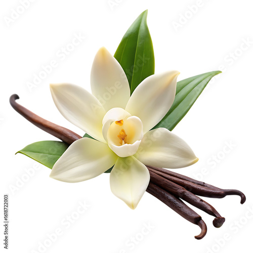 A delicate white vanilla orchid flower with dark brown vanilla beans and green leaves isolated on a transparent background