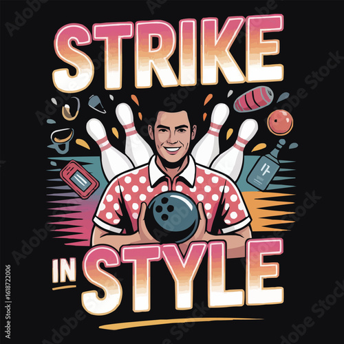 Bowling T-Shirt Design – Strike in Style, Colorful Retro Bowling Shirt Illustration, Sportswear Vector