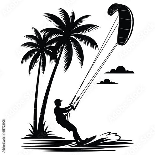 Silhouette of kitesurfer near tropical palm trees, summer vacation sport scene in black and white