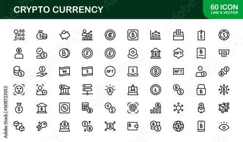 Cryptocurrency Icon Set in Vector Style Featuring Blockchain, Digital Wallets, Coins, Mining, and Exchange Symbols