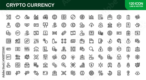 Cryptocurrency Icon Set in Vector Style Featuring Blockchain, Digital Wallets, Coins, Mining, and Exchange Symbols