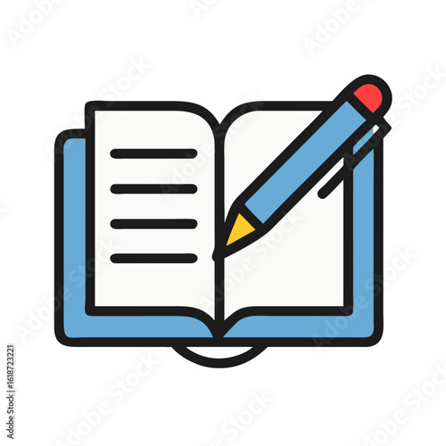 Icon illustration of an open book with a pencil writing on it