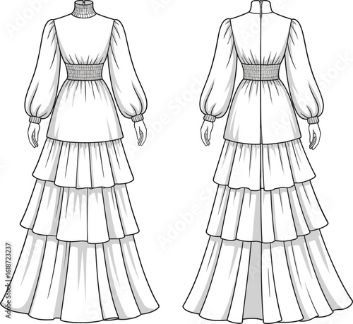 Elegant long dress design, high neckline, puffed sleeves, tiered skirt, back zipper, formal fashion, modern modest wear, couture inspiration
