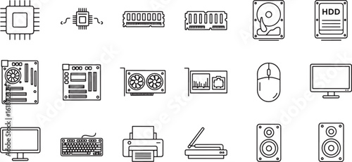 A collection of computer hardware components depicted in a clean, minimalist silhouette style, showcasing various parts of a computer system.