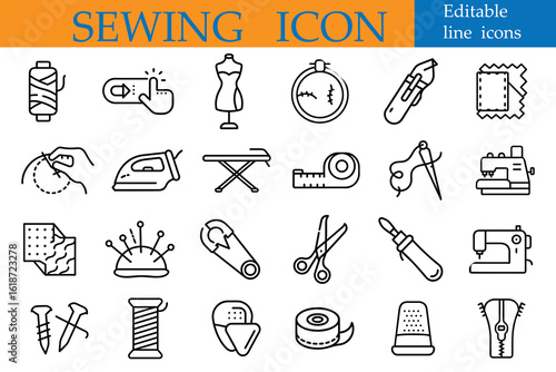 A collection of editable line icons for sewing and crafting