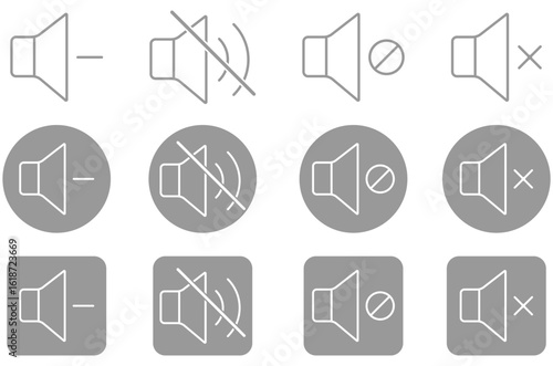 sound on off icons vector in line style . sound volume and mute icon. Volume allow and volume prohibit. Sound volume level outline icon on circle line. Volume and Speaker Icon Set of Mute, Unmute 