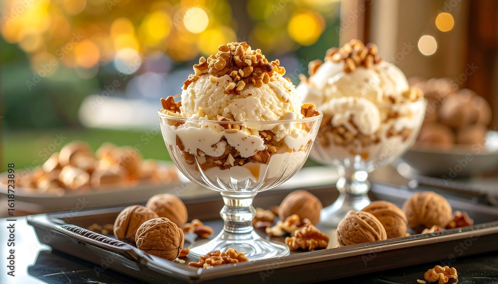 Naklejka premium Ice cream dessert with walnuts