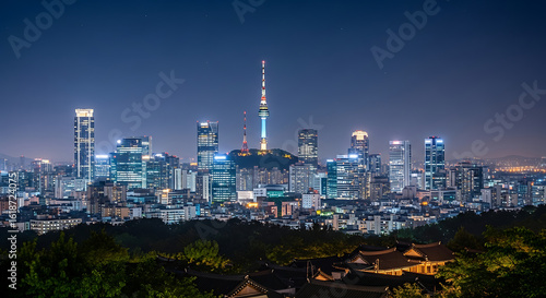 Night Skyline of Seoul, South Korea with N Seoul Tower and Illuminated Skyscrapers