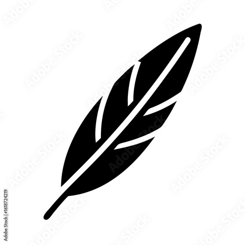 Black silhouette illustration of a detailed feather on a white background