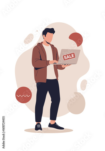 Young man checking sale offers on laptop during Black Friday shopping  