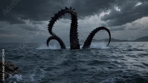 Sea monster surfaces from the ocean, its tentacles rising against a cloudy sky, creating a dark, imposing spectacle.