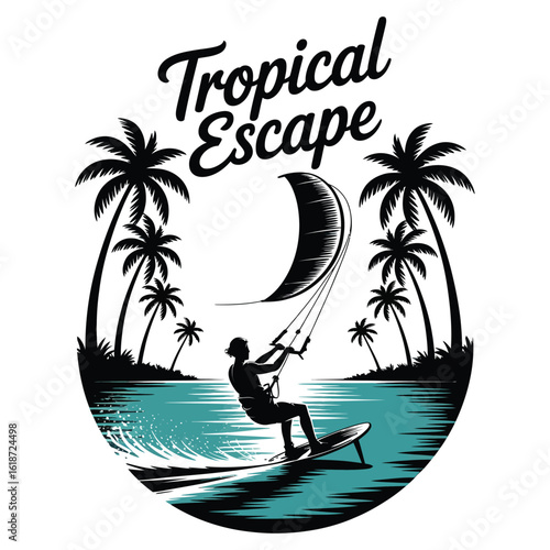 Silhouette of kitesurfer with palm trees in tropical vacation scene, coastal sport vector in black and white