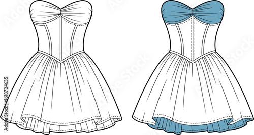 Elegant strapless dress illustration, flared layered skirt design, blue bodice fashion sketch, garment concept, digital artwork, feminine clothing drawing