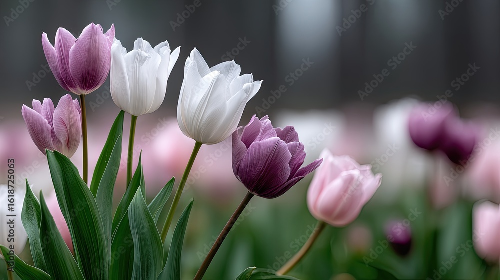 Obraz premium Bright white, pink, and yellow tulips showcase their beauty in a close-up, surrounded by softly blurred flowers, capturing spring's essence