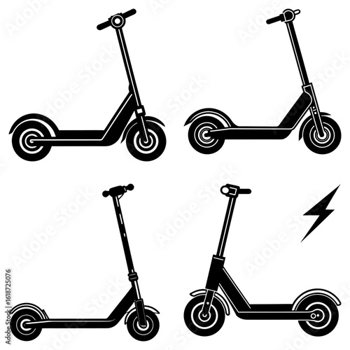 Illustration showing four electric scooters in black silhouette with a lightning bolt symbol on white