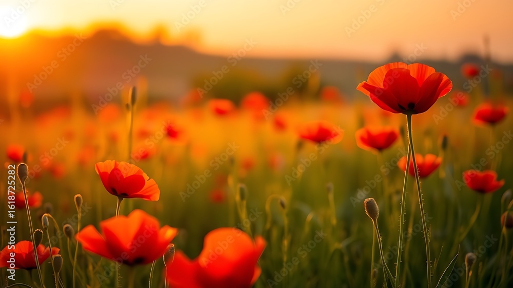 Fototapeta premium A serene sunset field filled with vibrant red poppies, bathed in warm golden light.