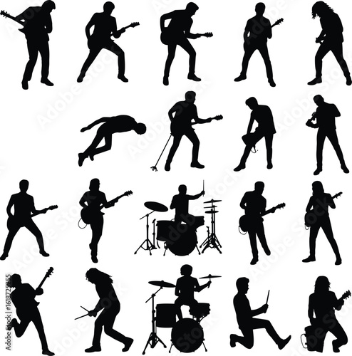 rock band performance silhouette, electric guitar player vector, drummer playing drums, concert stage musicians, live show poses, music band shadow art