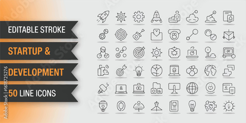 A collection of 50 minimalist line art icons arranged in a grid format, depicting startup and development concepts.  
