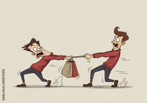 Two cartoon men pulling on shopping bag in a comical struggle for Black Friday  