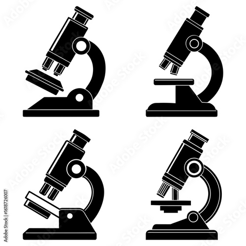 Four black and white microscope illustrations in varying styles and orientations on a white background