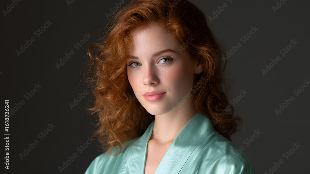 Naklejka premium Radiant Grace: A portrait captures the natural beauty of a woman with flowing red hair, her gaze evoking a sense of quiet confidence and inner serenity.