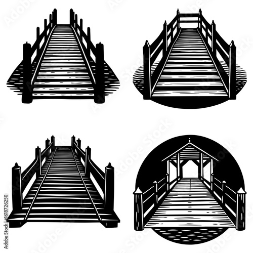 Four black and white illustrations of wooden bridges with railings and planks in various perspectives