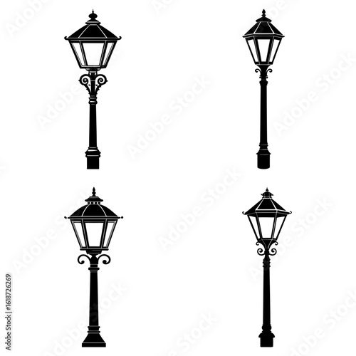Illustration showcasing four black street lamps with ornate details on a white background design element