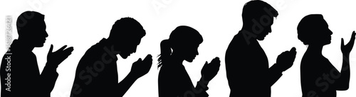 praying people silhouette, Islamic prayer vector, worship hands raised, black silhouette figures, Muslim family prayer, spiritual devotion illustration, religious belief art