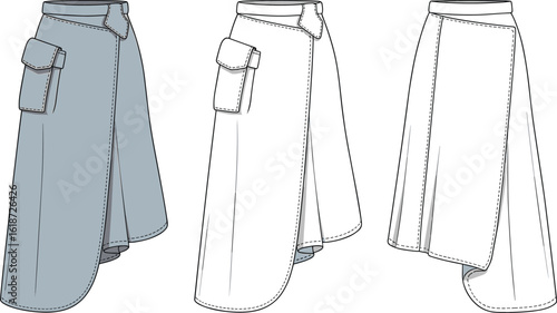 Fashion illustration, asymmetrical skirt design, button closure waist, large flap pocket, garment sketch, sewing concept, stylish apparel template