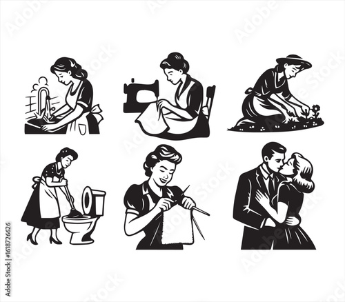 Retro Housewife Vector Set – Vintage 1950s Women Cooking, Cleaning, Knitting, and Kissing Illustration Pack