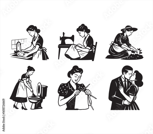 Retro Housewife Vector Set – Vintage 1950s Women Cooking, Cleaning, Knitting, and Kissing Illustration Pack