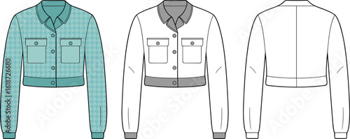 Fashion illustration, front back jacket view, houndstooth pattern detail, flap pocket design, collar and waistband sketch, stylish garment template