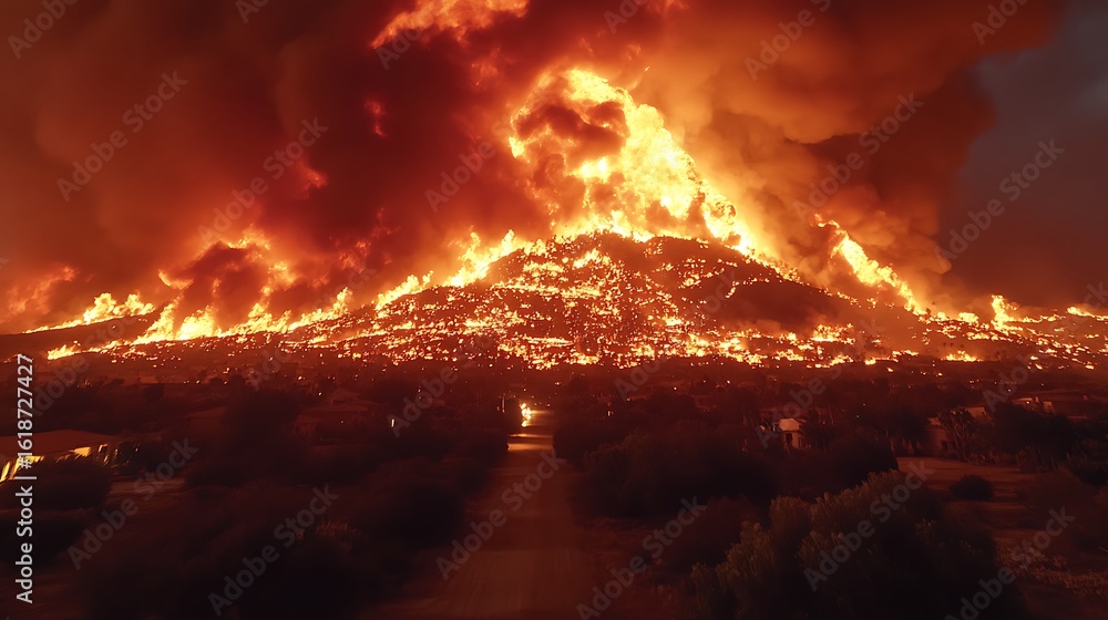 Fototapeta premium Vast flames engulf a hillside community at night.