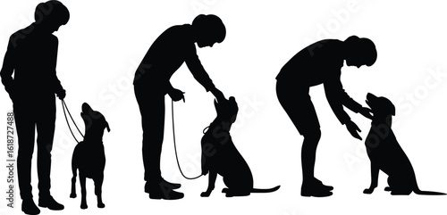 dog training silhouette, woman training dog, pet obedience pose, leash control vector, dog behavior silhouette, sitting dog illustration, trainer dog art