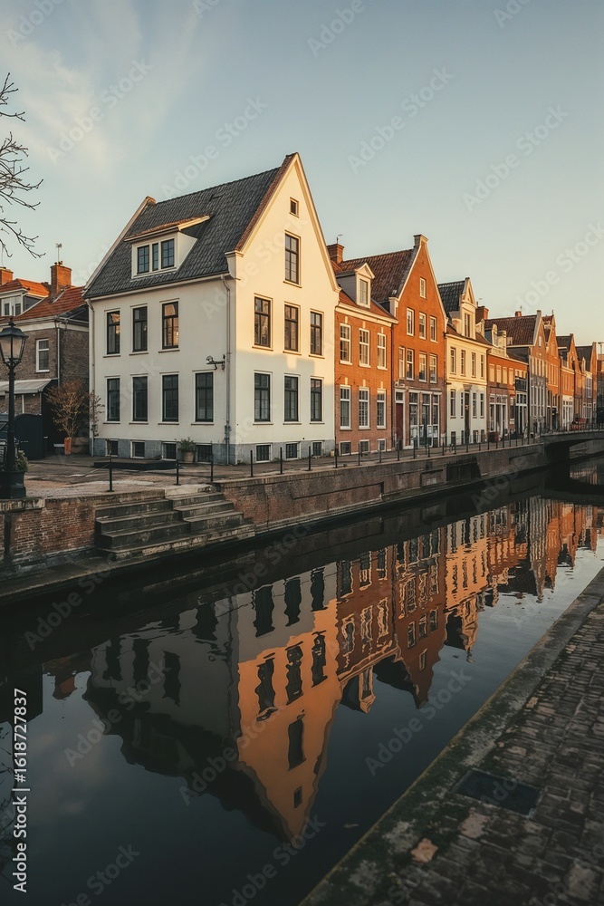 Fototapeta premium Charming Dutch canal lined with historic gabled houses at sunset