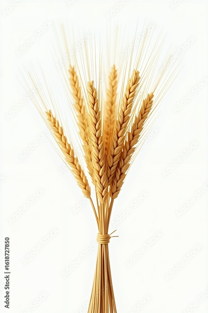 Fototapeta premium Close-up shot of a bundle of golden wheat ears tied together against a white background.