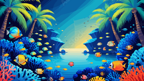 Vibrant underwater scene with colorful fish and coral reefs under palm trees