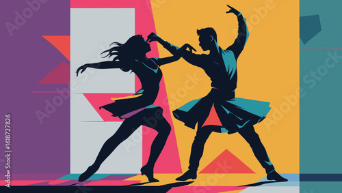Stylized silhouette of a couple dancing passionately on a colorful geometric background
