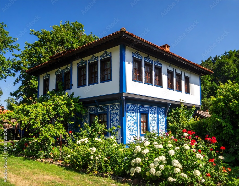 Fototapeta premium Colorful historical house in a garden setting