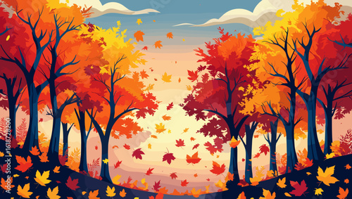 Autumn landscape with colorful trees and falling leaves in a serene setting
