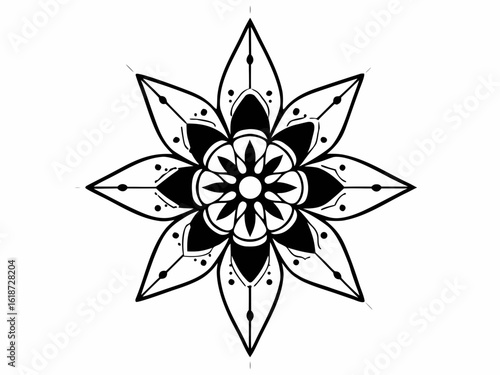 Intricate vector mandala line art with floral and geometric symmetry, black outlines, no color, highly detailed, relaxing style for adult coloring book, centered on A4 layout