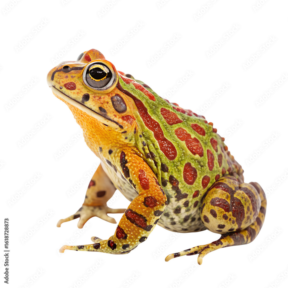 Fototapeta premium Brightly colored african bullfrog sitting and looking to the side isolated on transparent background
