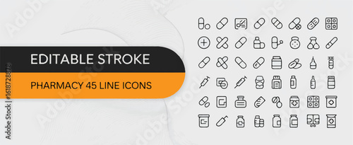 A professional medical and pharmacy icon set collection on a white background.