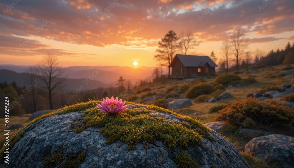 Fototapeta premium Mossy Rock with a Pink Flower at Sunset and a Faraway Cabin