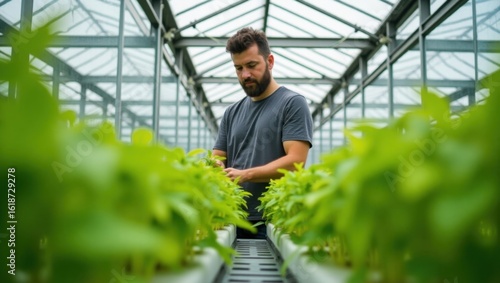 A dedicated farmer carefully inspects rows of thriving young plants inside a modern greenhouse setting showing innovative agricultural practices