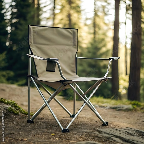 A folding camping chair sits on a forest floor surrounded by tall trees on a sunny day outdoors