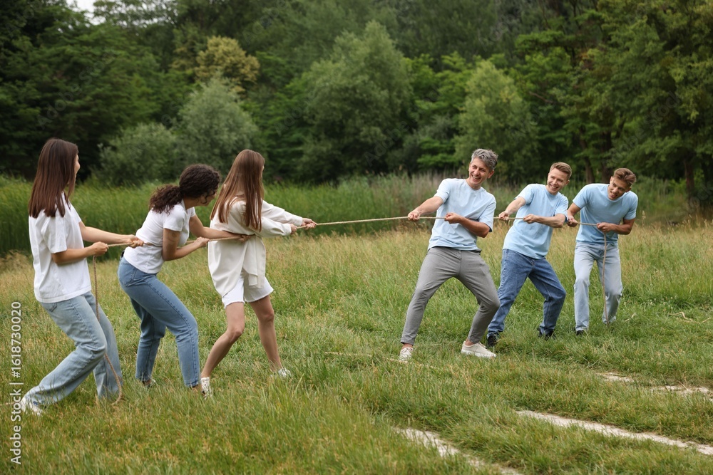 Fototapeta premium Team building. Group of happy people playing tug of war with rope outdoors