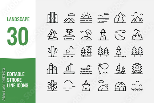 A set of 30 landscape line icons arranged in a 5x6 grid format.  